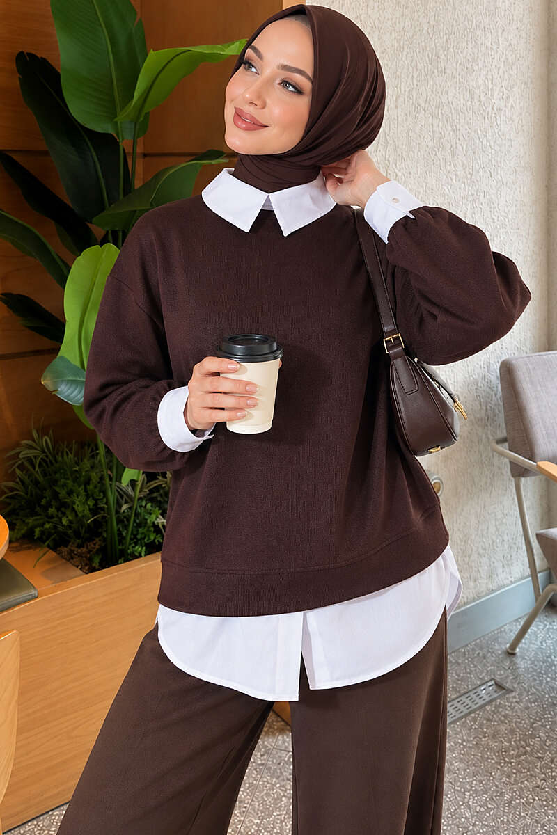 Shirt-Layered Basic Tunic - Brown