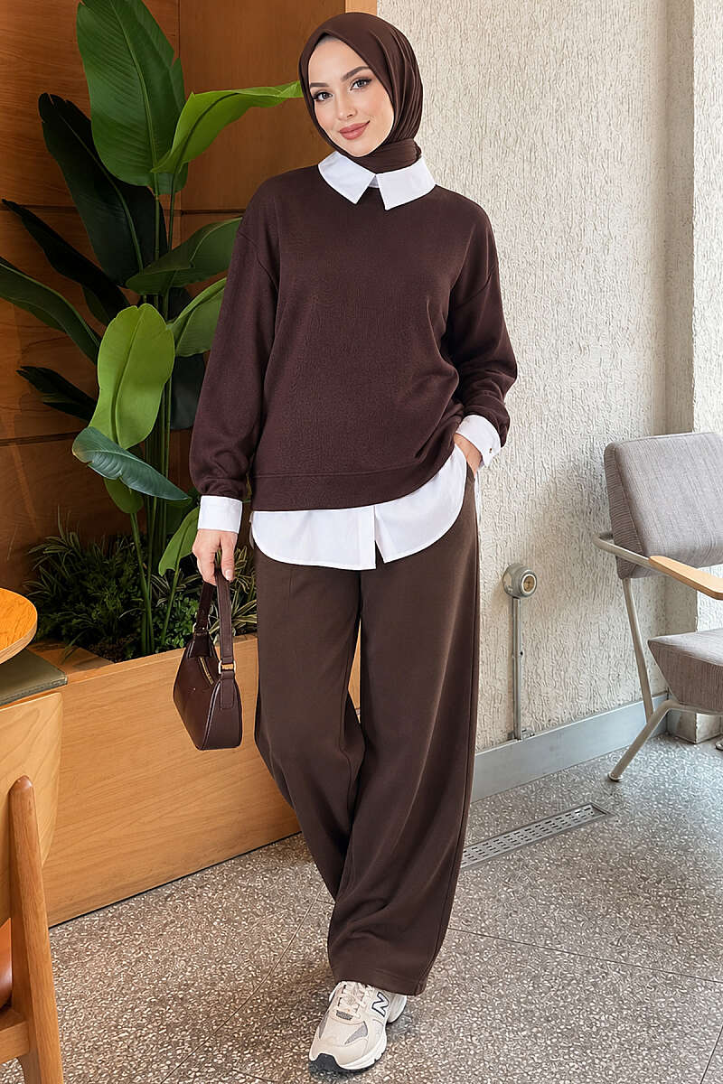 Shirt-Layered Basic Tunic - Brown