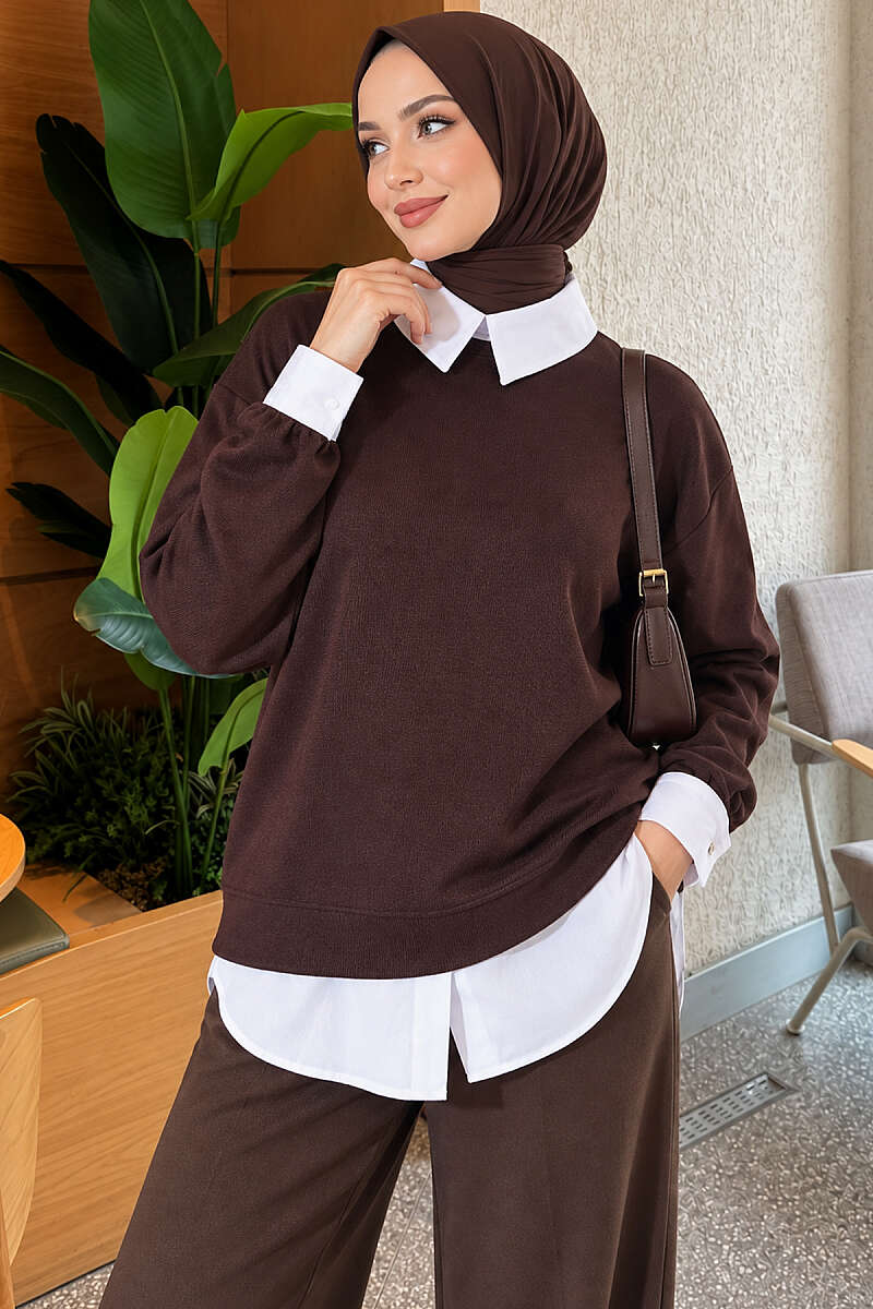 Shirt-Layered Basic Tunic - Brown