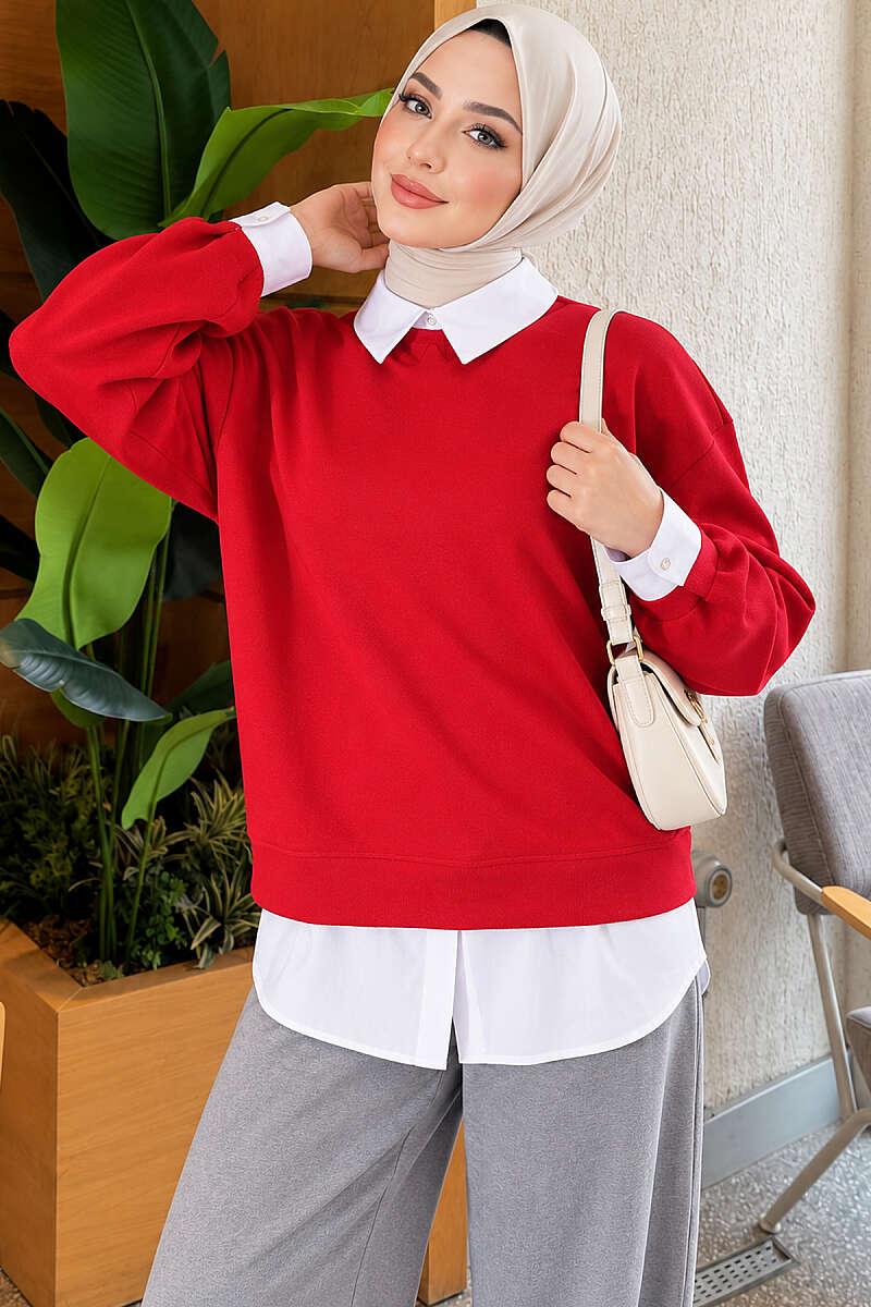 Shirt-Layered Basic Tunic - Red