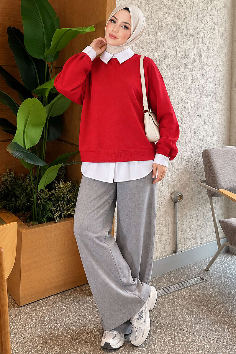 Shirt-Layered Basic Tunic - Red