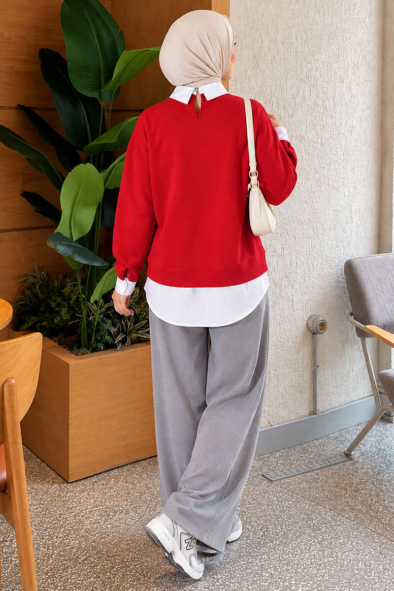 Shirt-Layered Basic Tunic - Red
