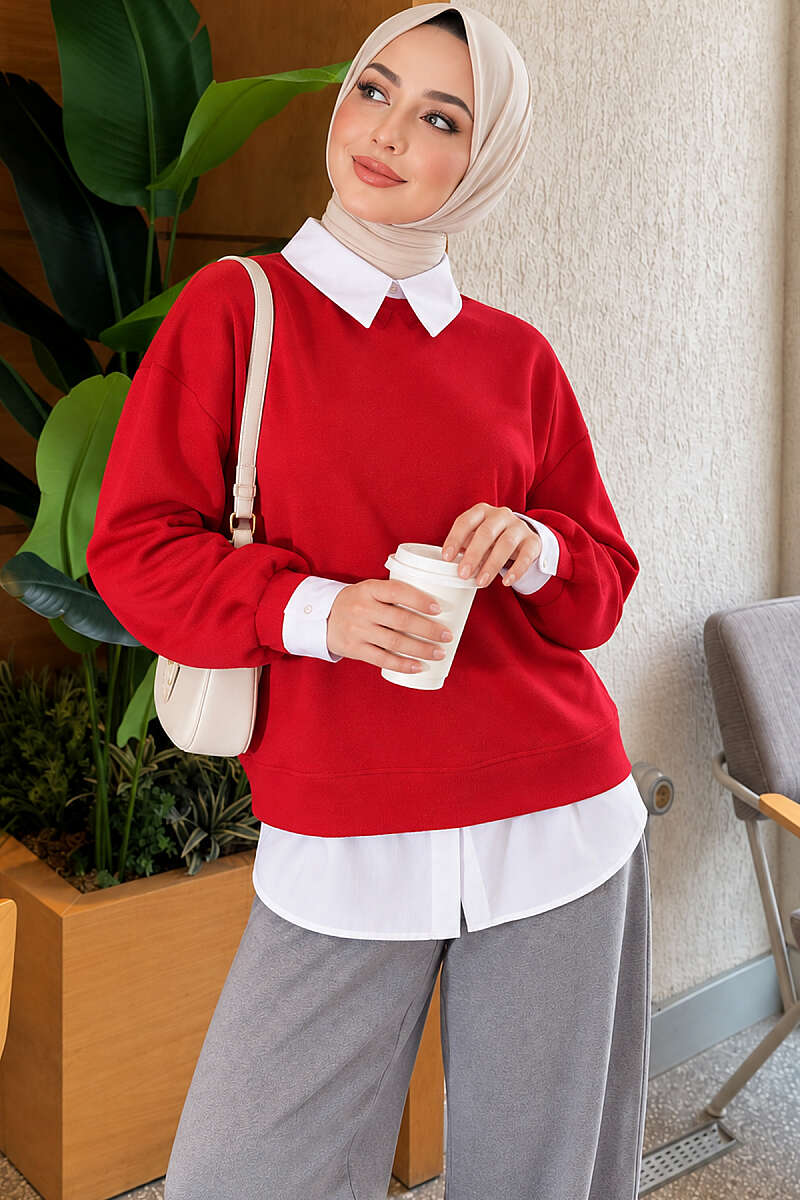 Shirt-Layered Basic Tunic - Red