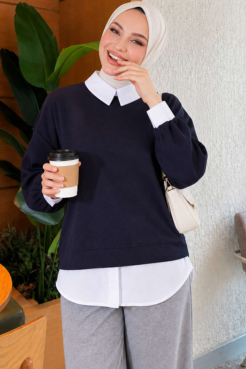 Shirt-Layered Basic Tunic - Navy