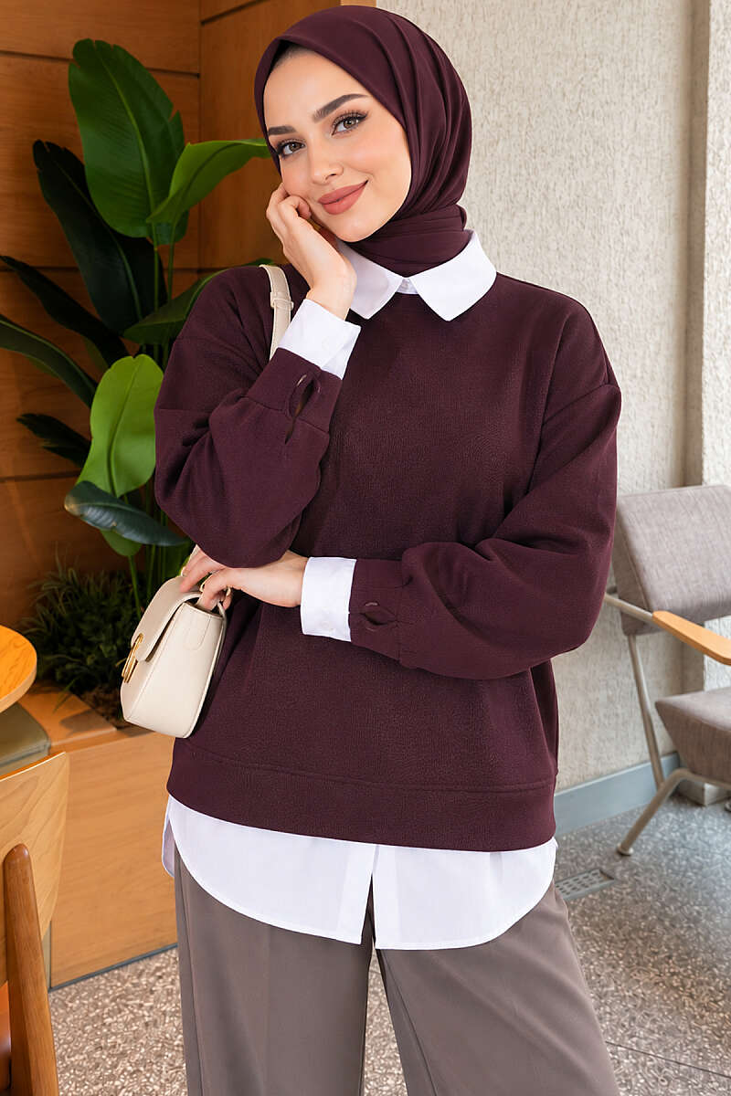 Shirt-Layered Basic Tunic - Plum