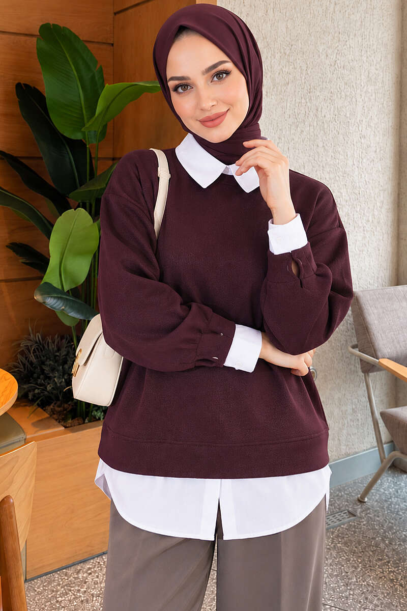 Shirt-Layered Basic Tunic - Plum