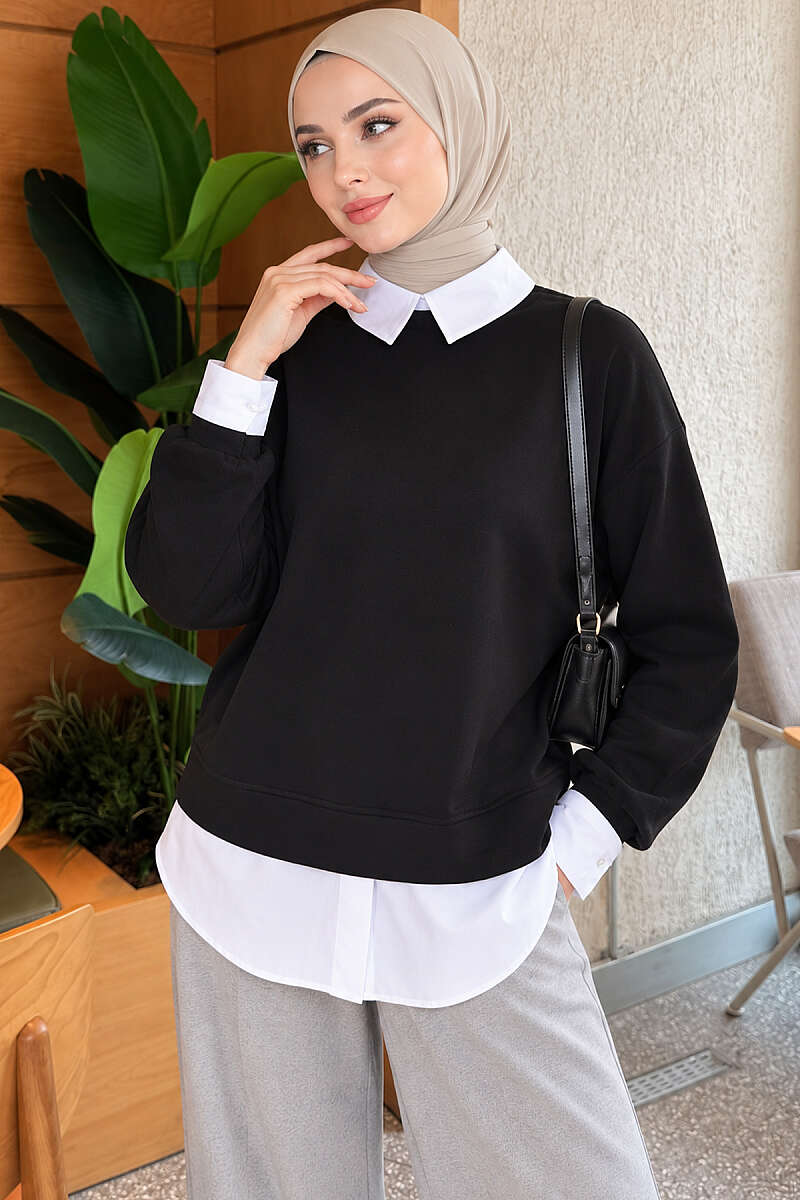 Shirt-Layered Basic Tunic - Black