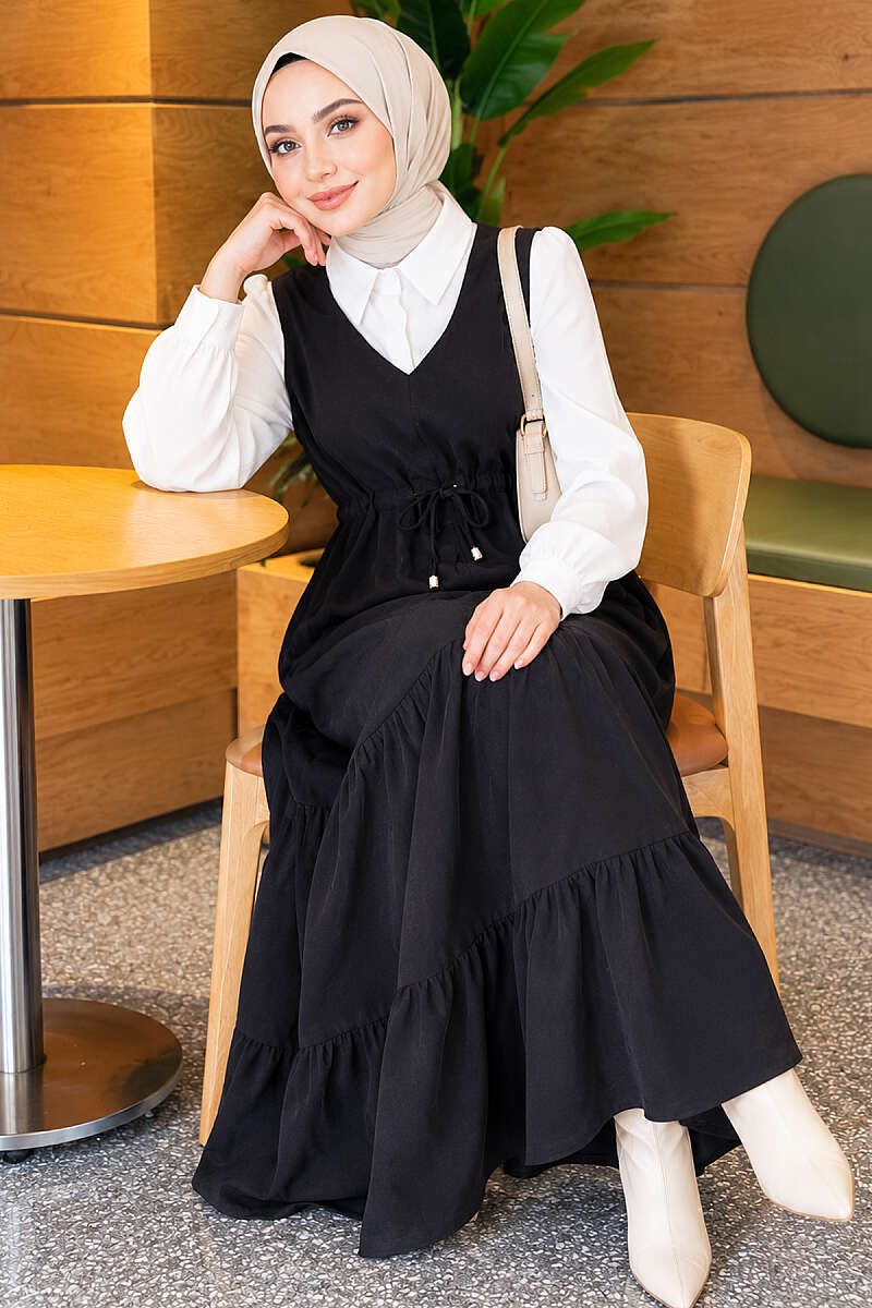 Shirt-Layered Pinafore Dress with Drawstring Waist - Black