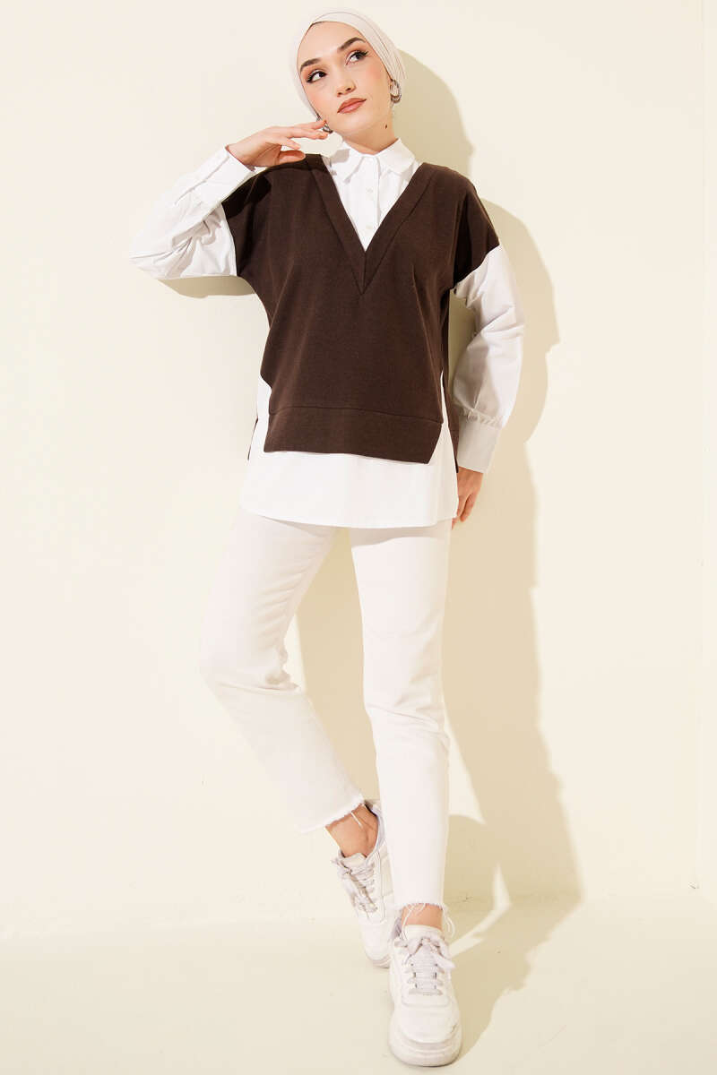 Button Tunic with Shirt Trim - Brown