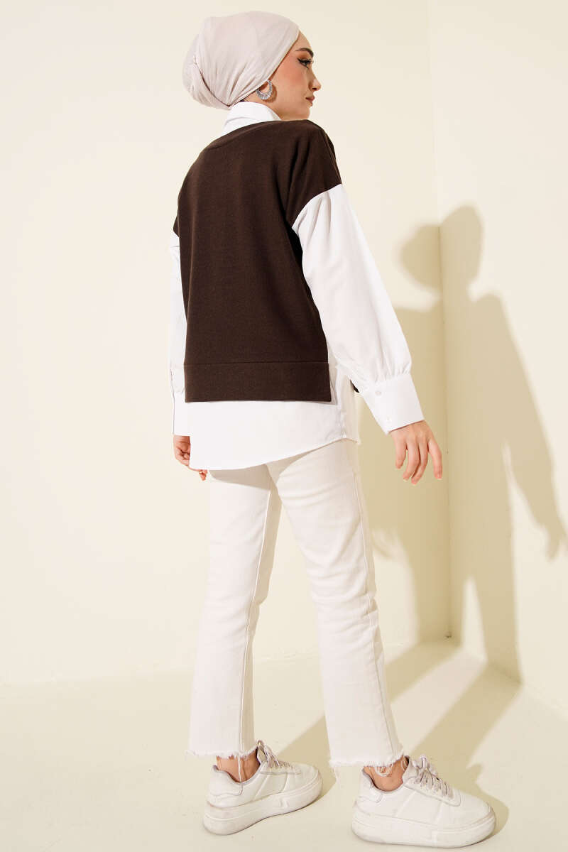 Button Tunic with Shirt Trim - Brown