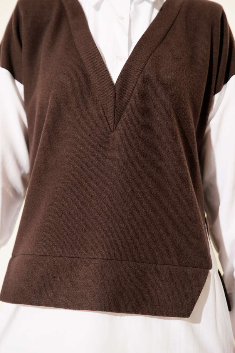 Button Tunic with Shirt Trim - Brown