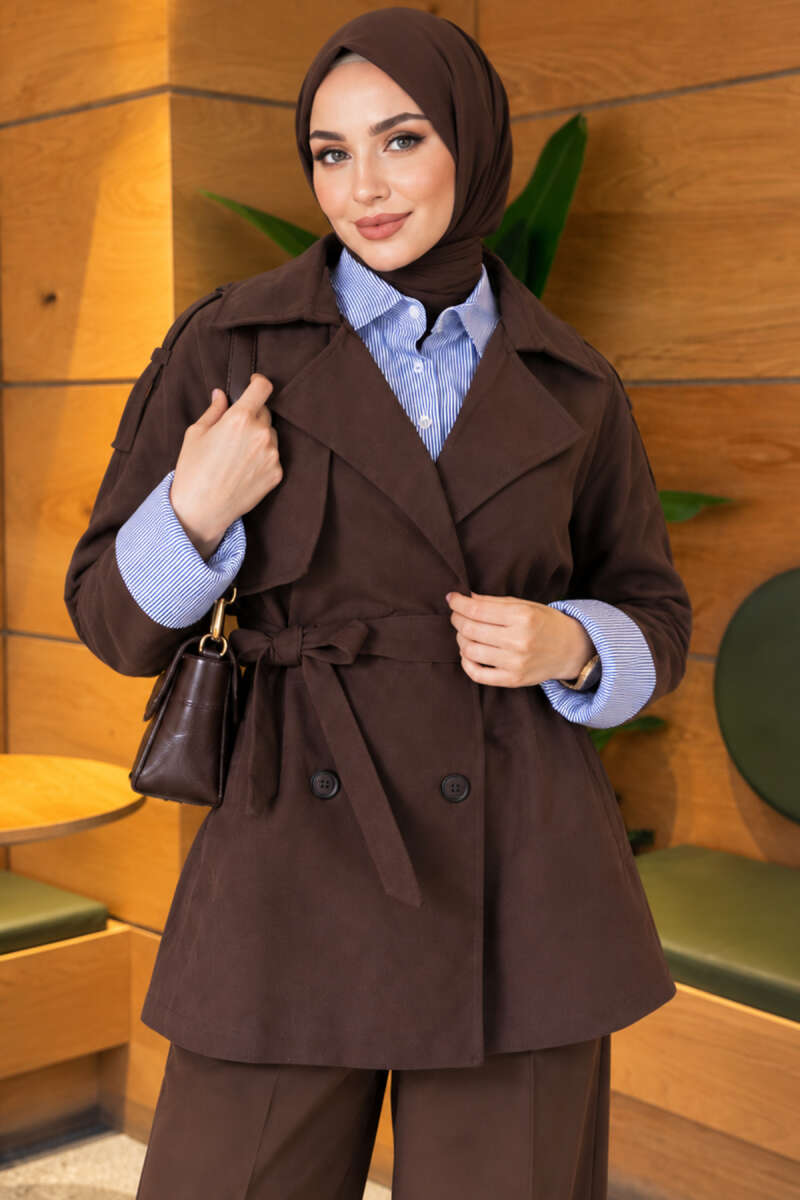 Belted Trench Coat with Shirt Trim - Dark Brown