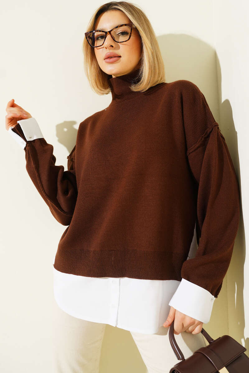 Loose Knit Sweater with Shirt Trim - Brown