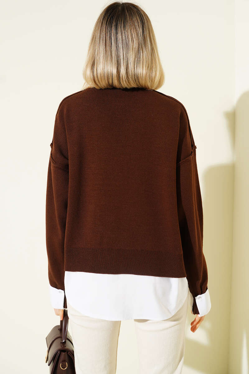 Loose Knit Sweater with Shirt Trim - Brown