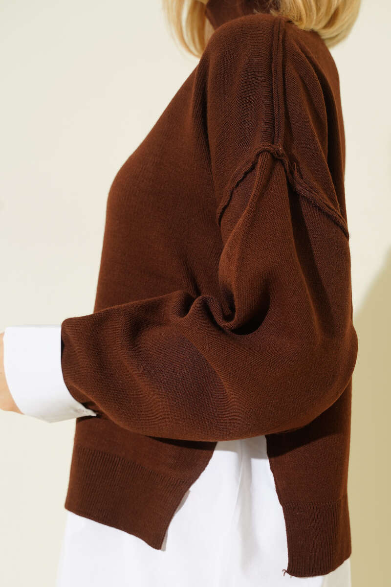 Loose Knit Sweater with Shirt Trim - Brown