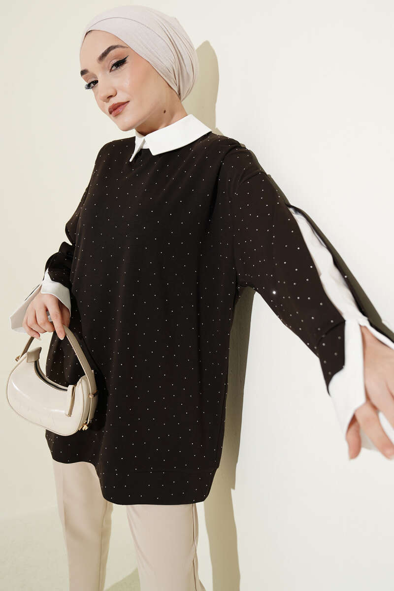 Stone-Embellished Tunic with Shirt Trim - Dark Brown