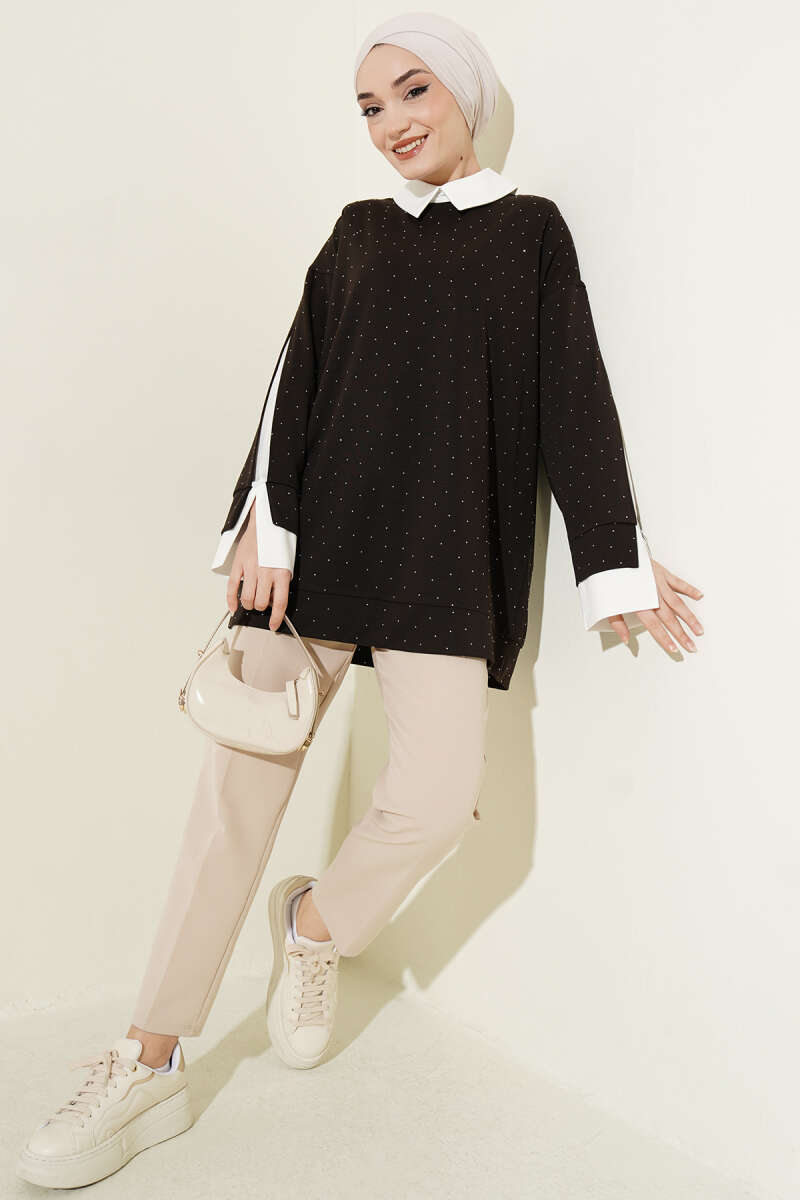 Stone-Embellished Tunic with Shirt Trim - Dark Brown