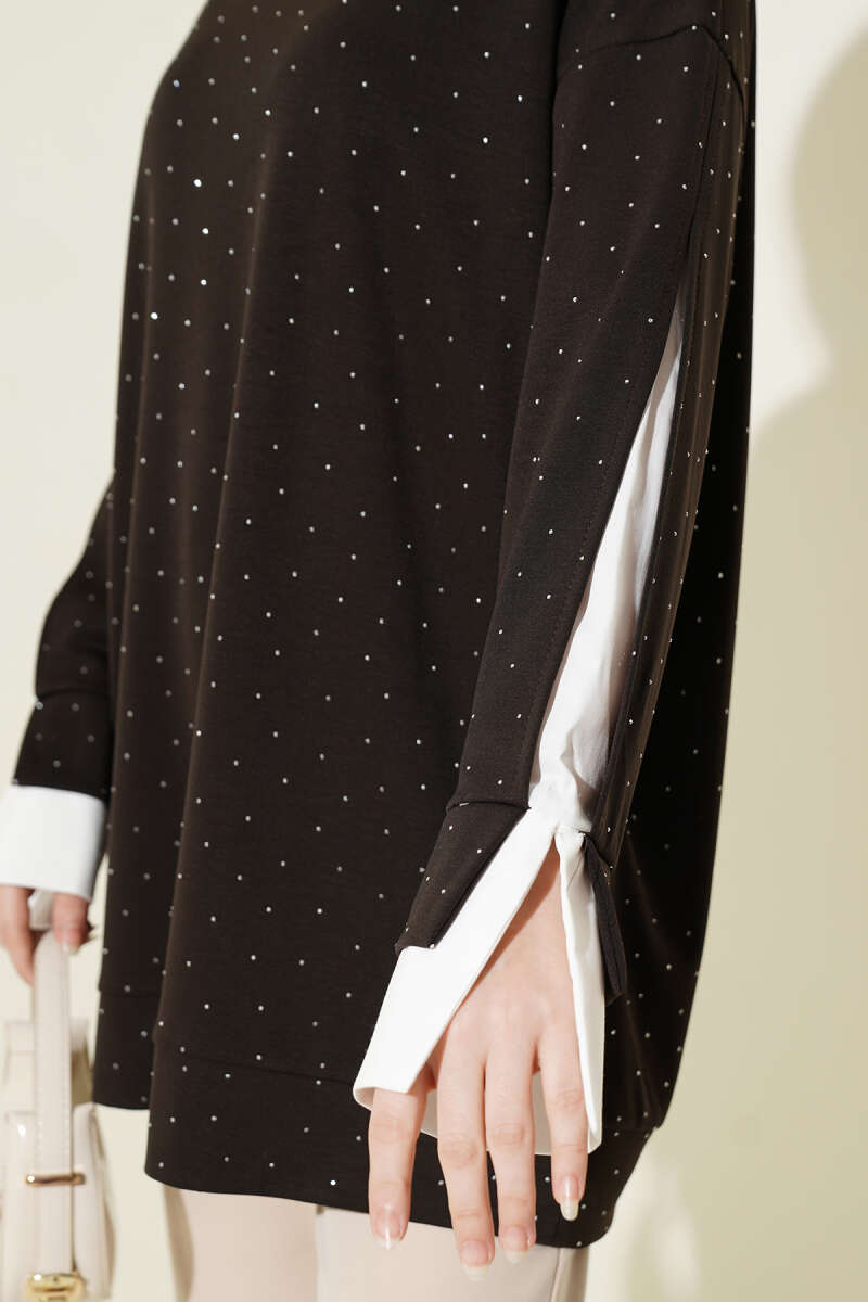 Stone-Embellished Tunic with Shirt Trim - Dark Brown