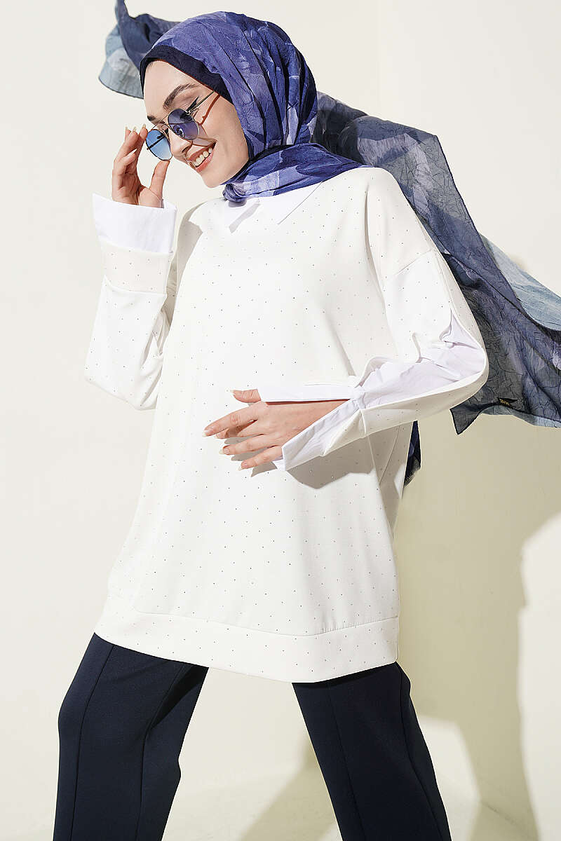 Stone-Embellished Tunic with Shirt Trim - Ecru