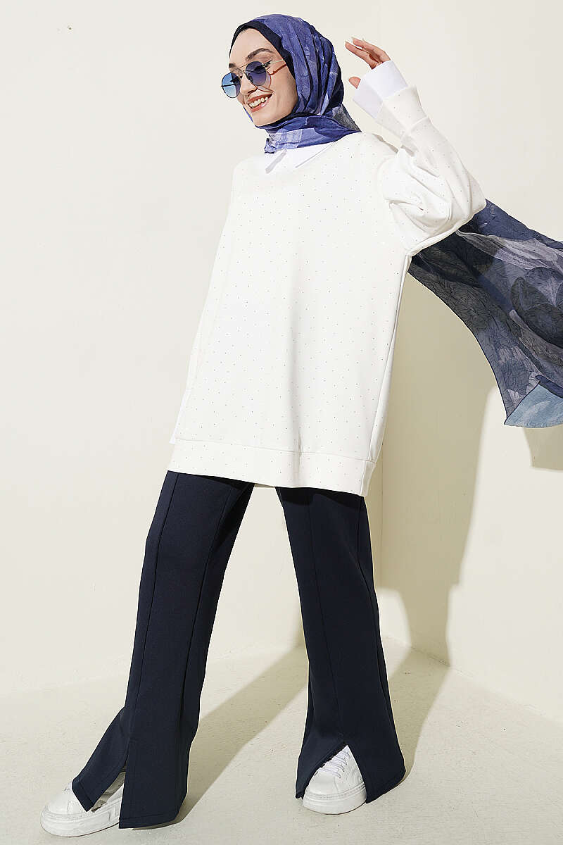 Stone-Embellished Tunic with Shirt Trim - Ecru