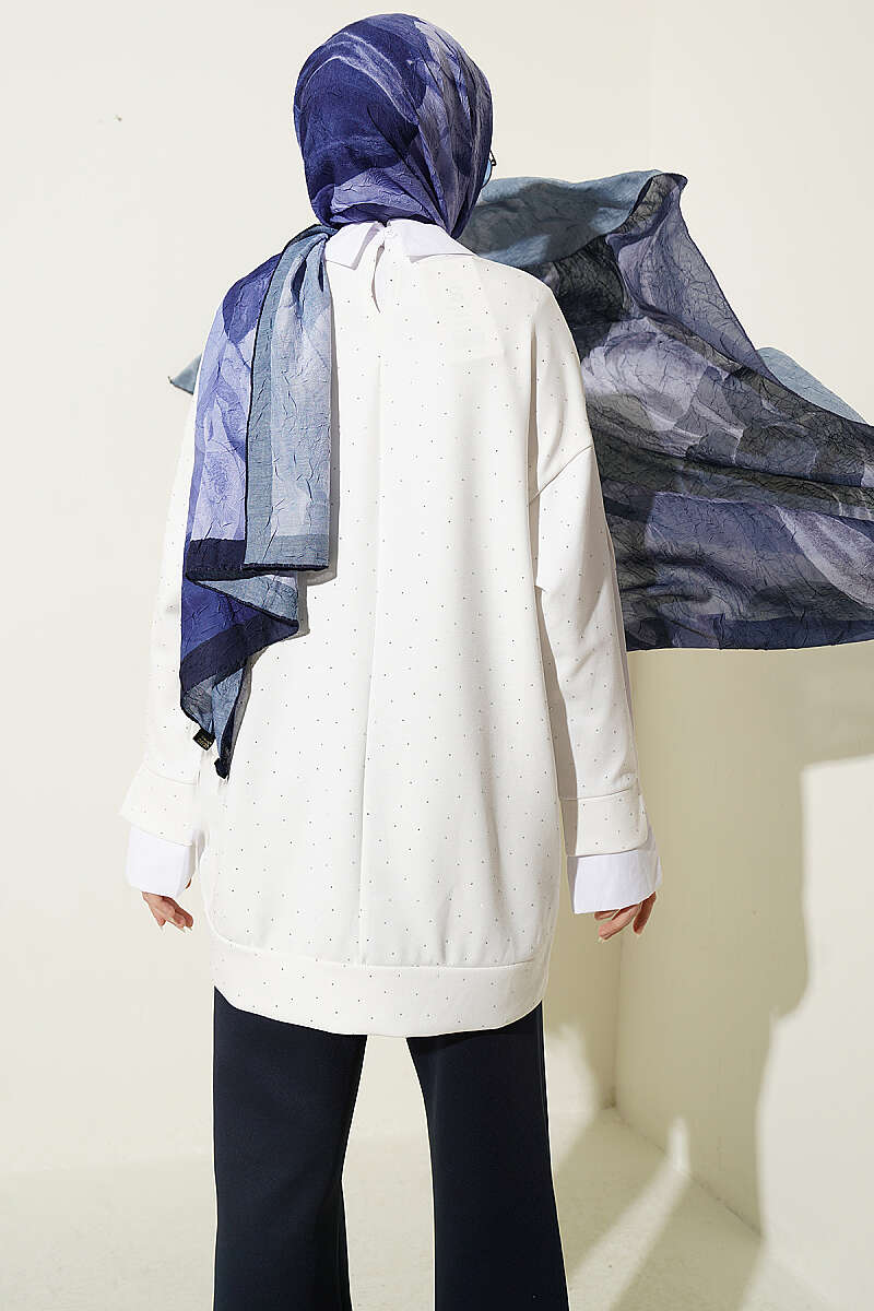 Stone-Embellished Tunic with Shirt Trim - Ecru