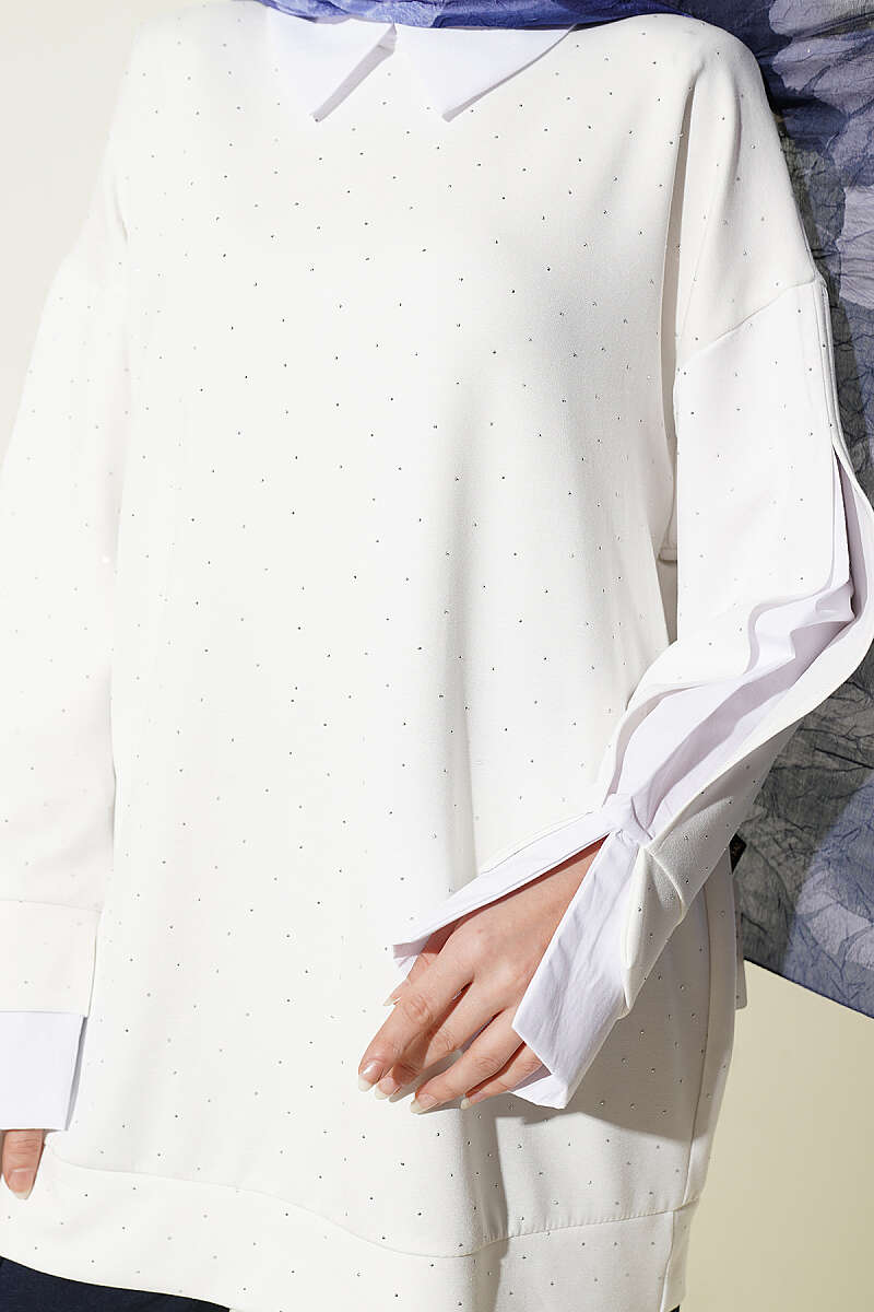 Stone-Embellished Tunic with Shirt Trim - Ecru