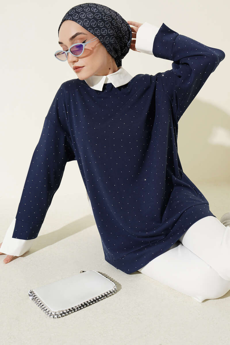 Stone-Embellished Tunic with Shirt Trim - Navy