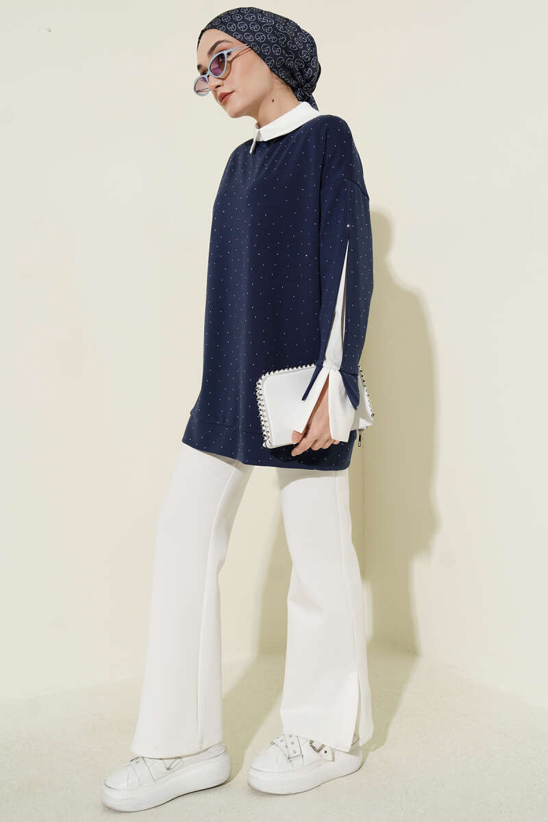Stone-Embellished Tunic with Shirt Trim - Navy