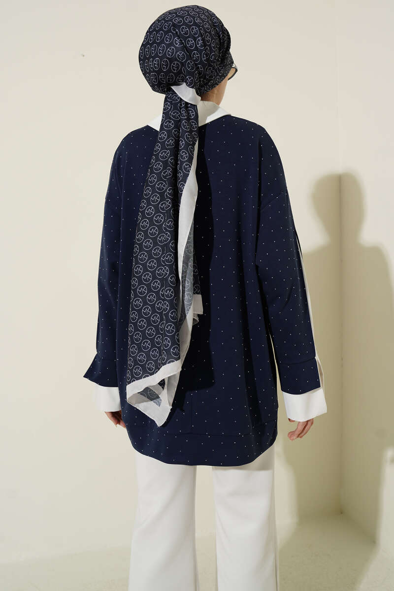 Stone-Embellished Tunic with Shirt Trim - Navy