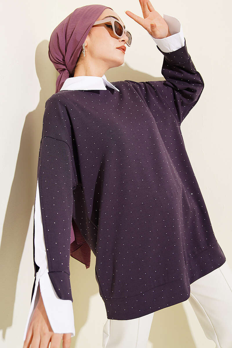 Stone-Embellished Tunic with Shirt Trim - Purple
