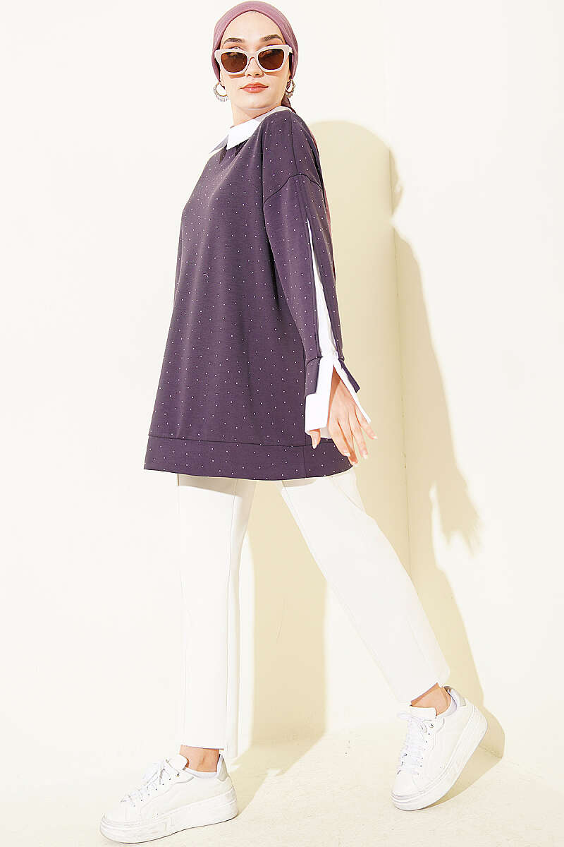 Stone-Embellished Tunic with Shirt Trim - Purple