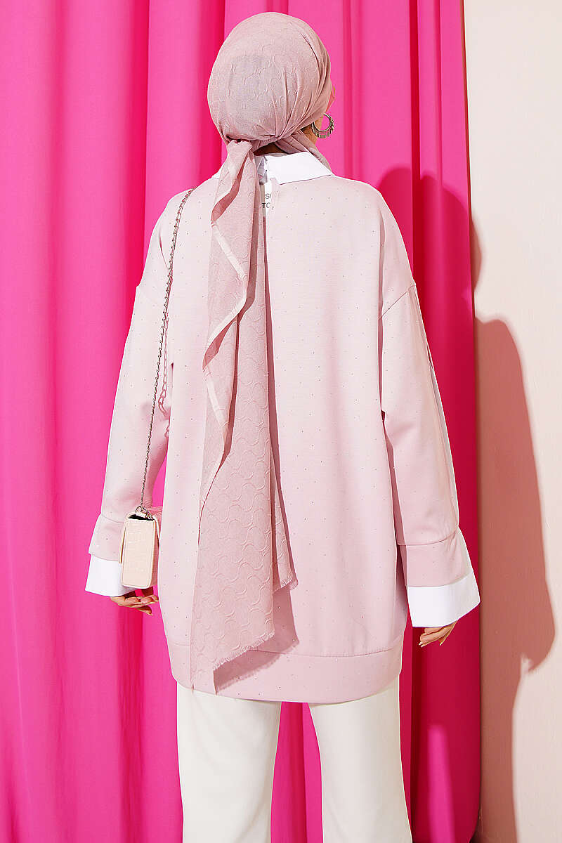 Stone-Embellished Tunic with Shirt Trim - Pink
