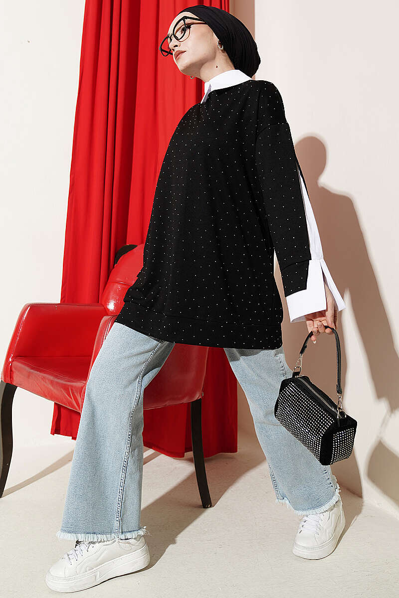 Stone-Embellished Tunic with Shirt Trim - Black
