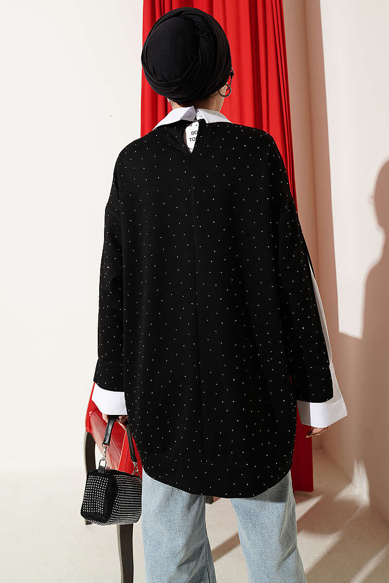 Stone-Embellished Tunic with Shirt Trim - Black