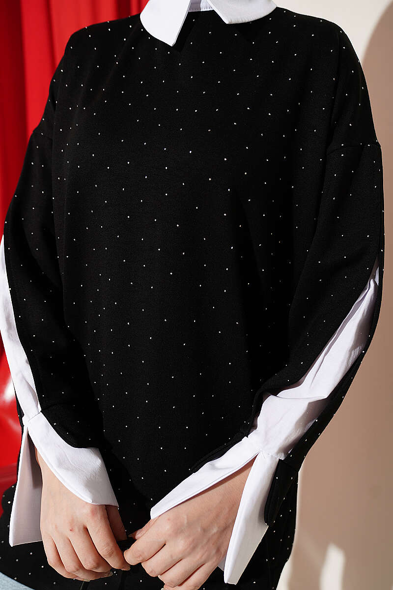 Stone-Embellished Tunic with Shirt Trim - Black