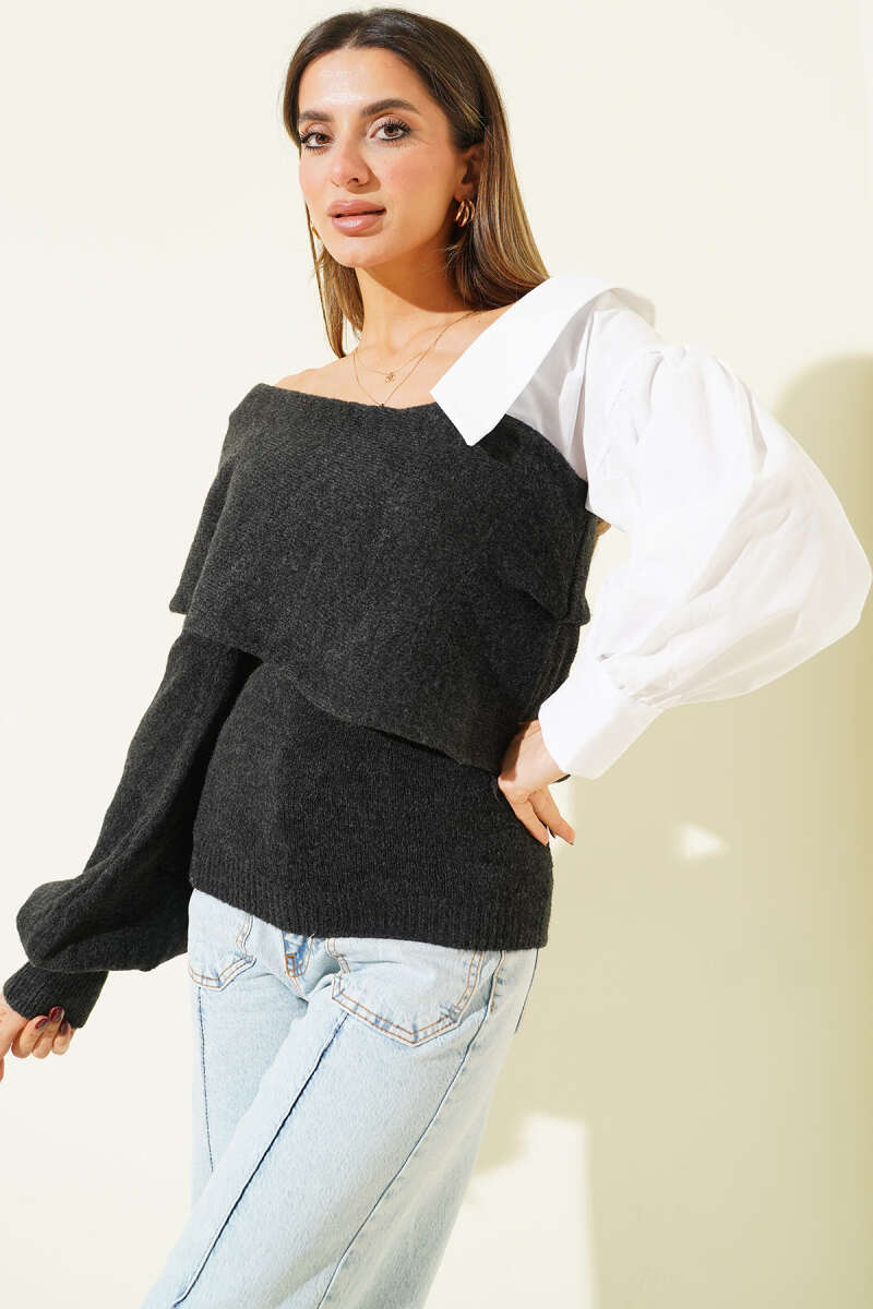Boat-Neck Sweater with Shirt Cuffs - Smoke Grey