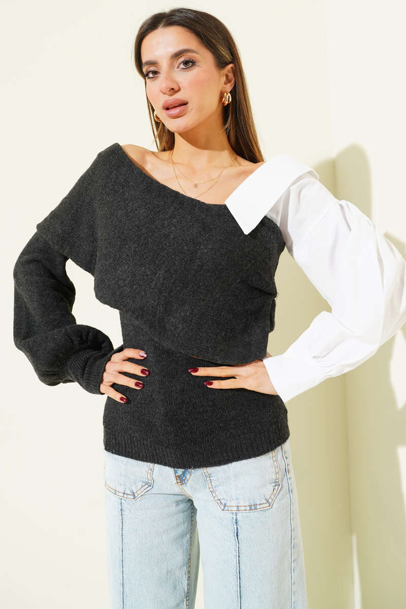 Boat-Neck Sweater with Shirt Cuffs - Smoke Grey