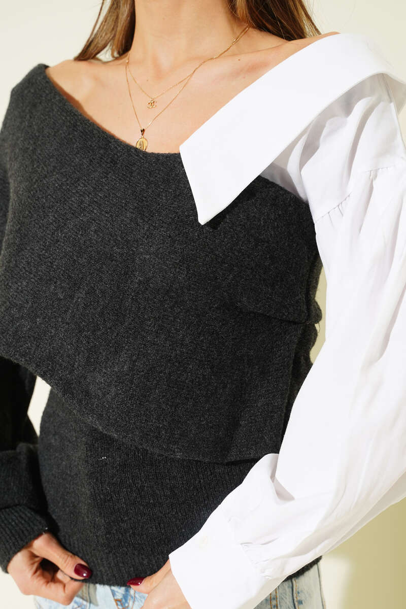 Boat-Neck Sweater with Shirt Cuffs - Smoke Grey