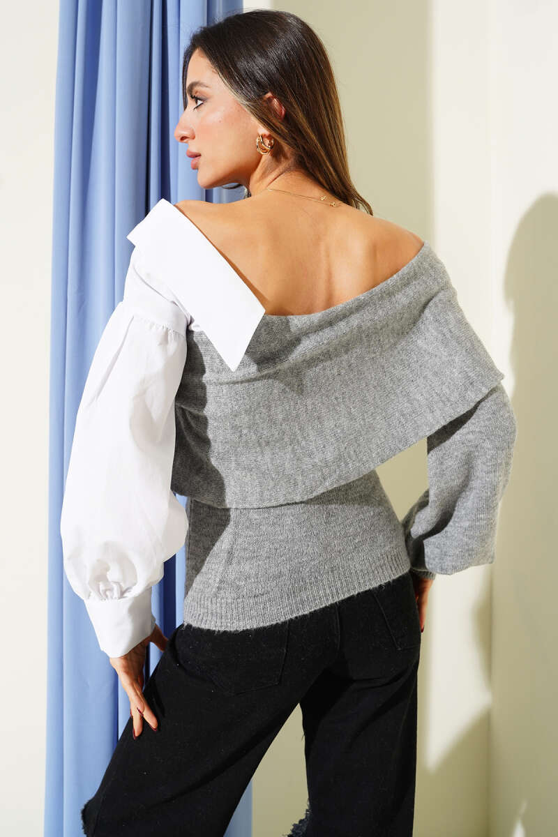 Boat-Neck Sweater with Shirt Cuffs - Grey