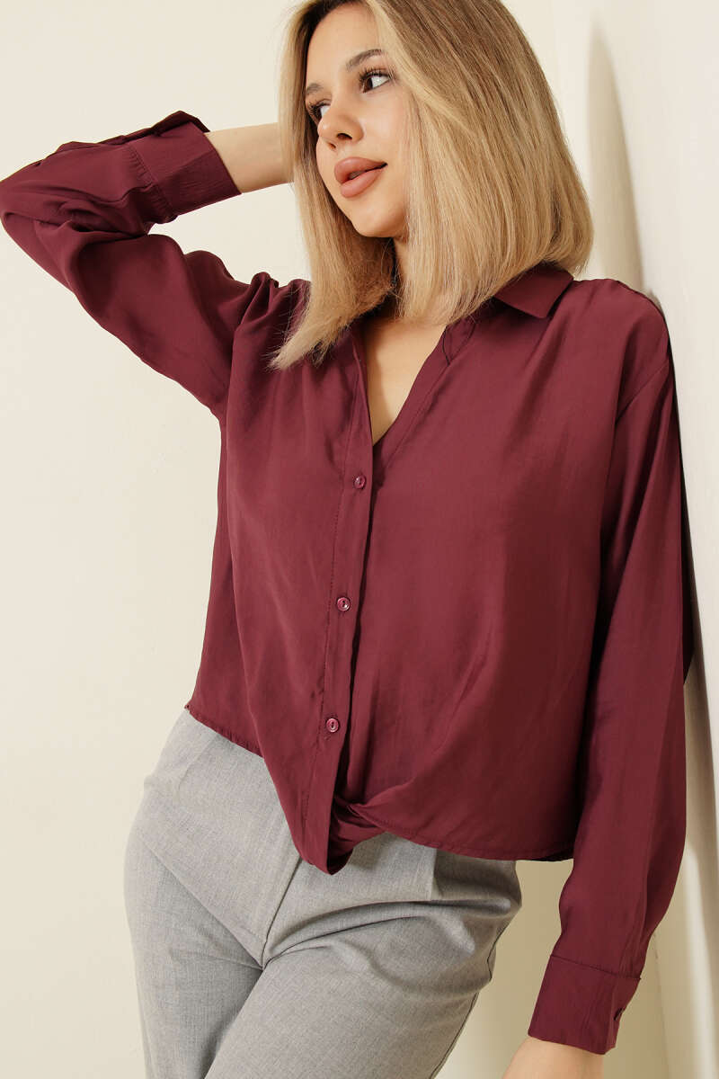 Basic Button Shirt with Shirt Collar - Burgundy