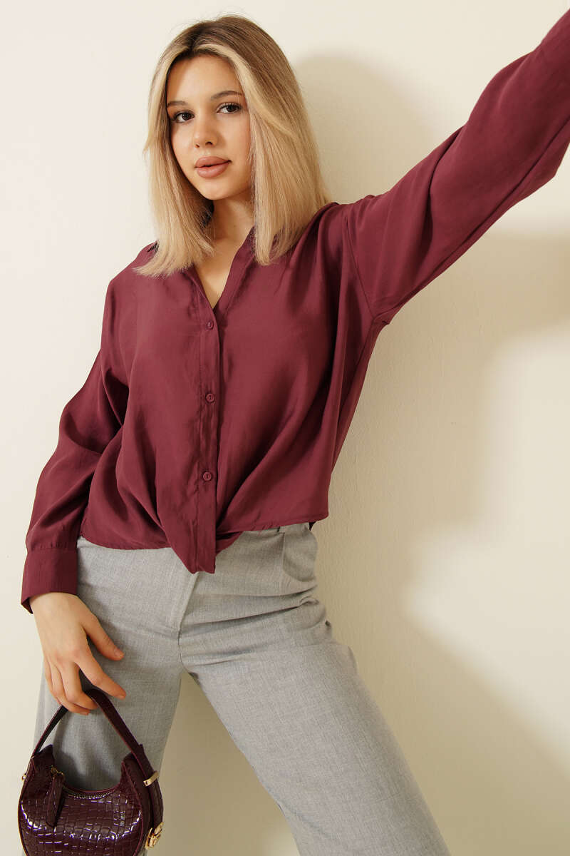 Basic Button Shirt with Shirt Collar - Burgundy