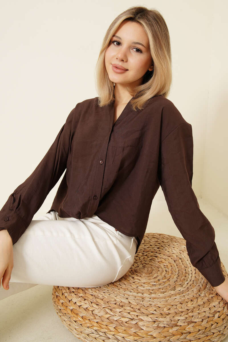 Basic Button Shirt with Shirt Collar - Brown
