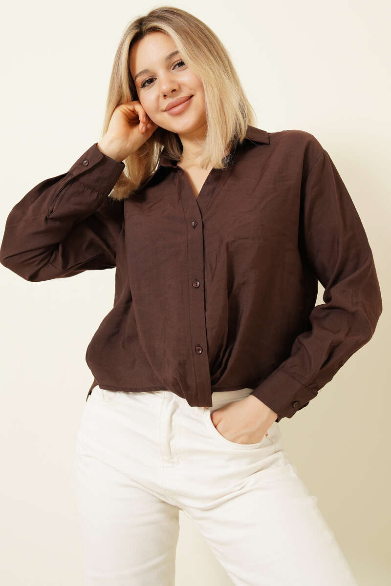Basic Button Shirt with Shirt Collar - Brown