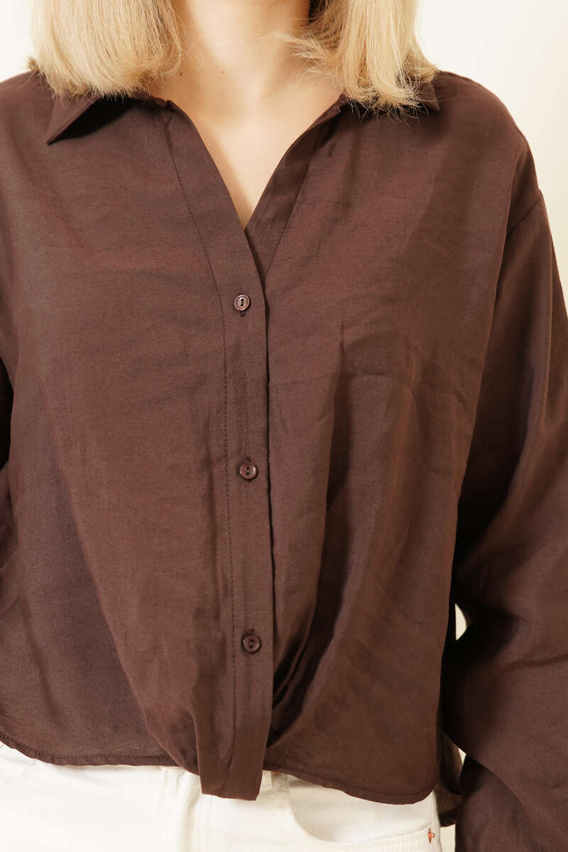 Basic Button Shirt with Shirt Collar - Brown