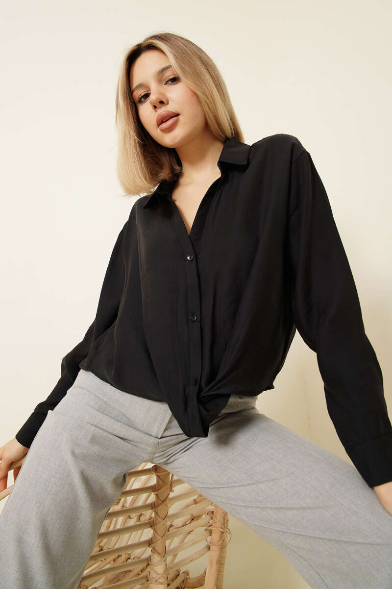 Basic Button Shirt with Shirt Collar - Black