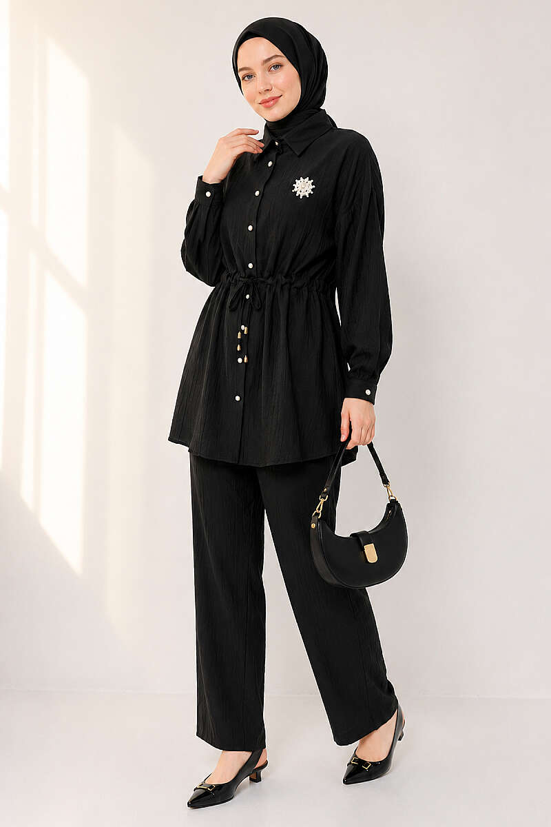 Shirt-Collar Two-Piece Set with Drawstring Waist - Black