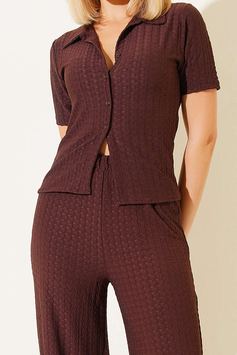 Shirt-Collar Bubble Two-Piece Set - Brown
