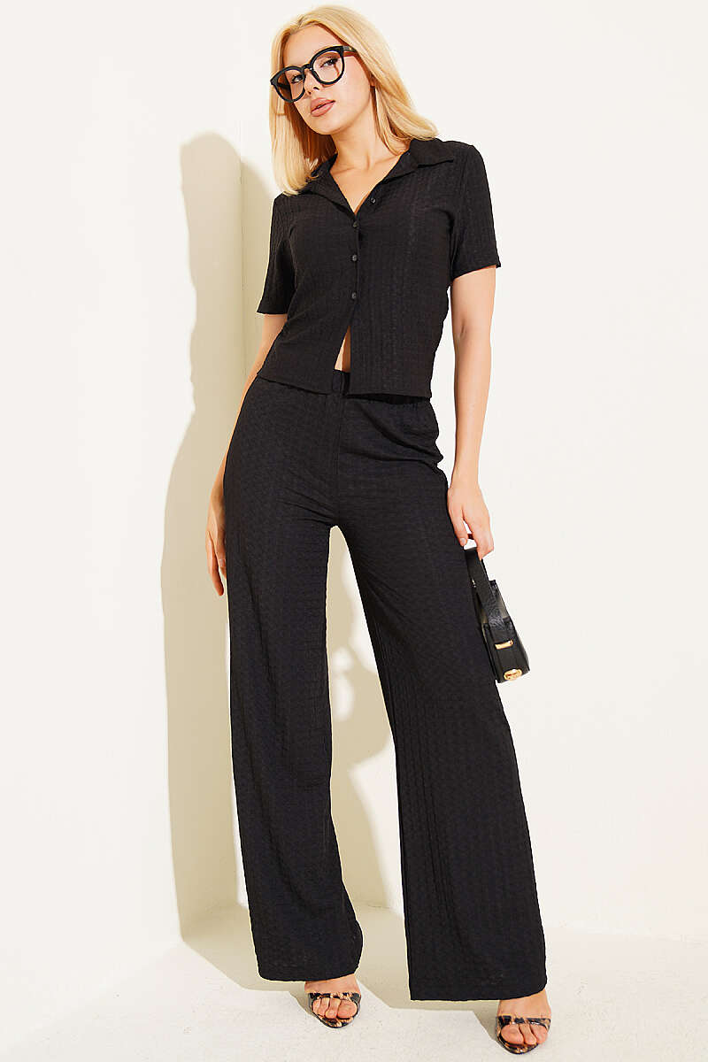 Shirt-Collar Bubble Two-Piece Set - Black