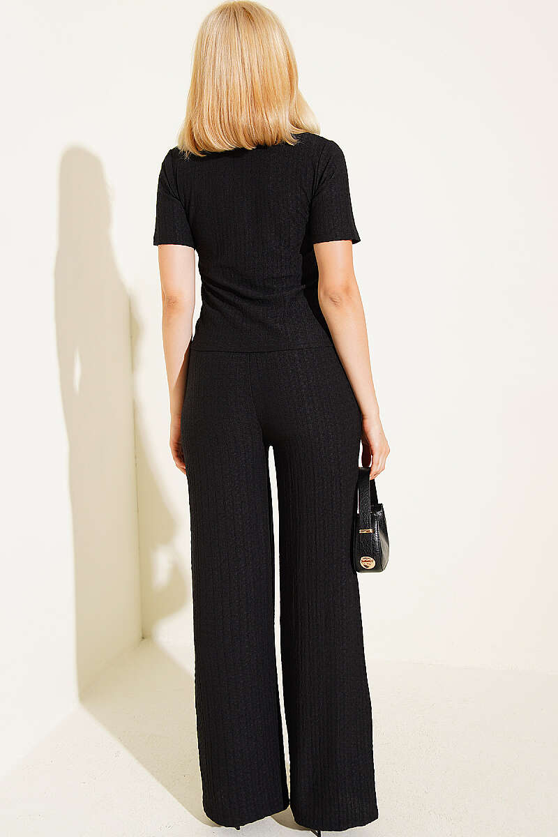 Shirt-Collar Bubble Two-Piece Set - Black