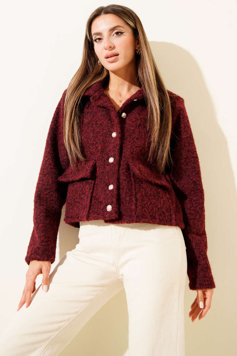 Short Shirt-Collar Felt Jacket with Pockets - Burgundy